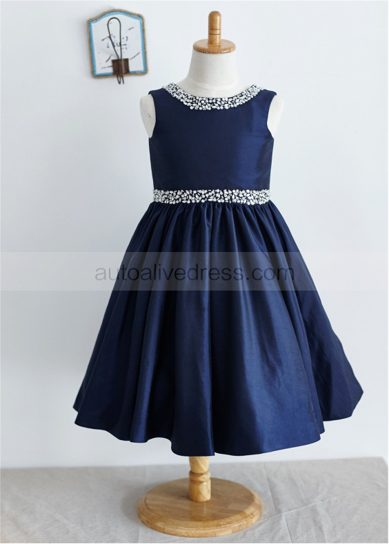 Beaded Navy Blue Taffeta Knee Length Flower Girl Dress